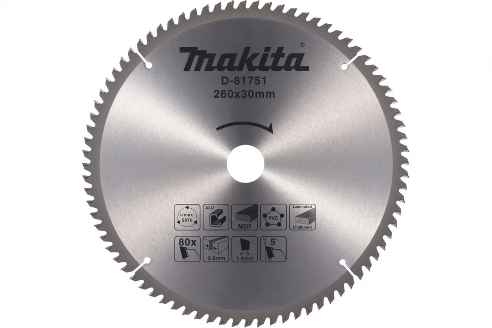 Диск пильный универсальный для алюминия/дерева/пластика 260x30 мм, 80T Makita D-81751