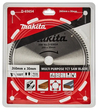 Диск пильный универсальный для алюминия/дерева/пластика Makita, 260x30x1.8 мм; 100 зубьев (D-65654)