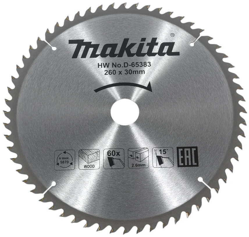Диск пильный для дерева Makita, 260x30х1,8 60 зубьев (D-65383)