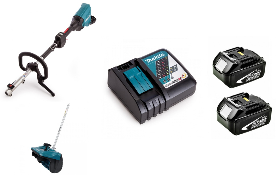 Аккумуляторный комбимотор Makita DUX60Z + Насадка снегоуборщик (лопата) SN400MP + Аккумулятор BL1860B 2 шт + зарядное устройство DC18RC