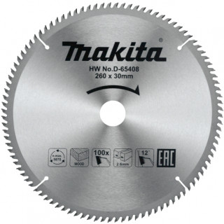 Диск пильный для дерева Makita, 260x30х1,8 100 зубьев (D-65408)