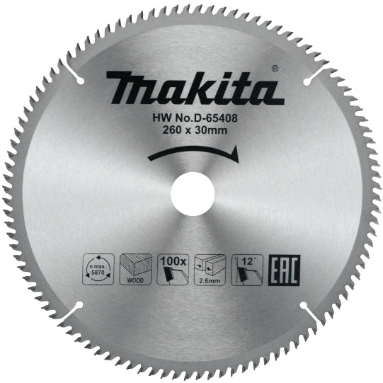 Диск пильный для дерева Makita, 260x30х1,8 100 зубьев (D-65408)
